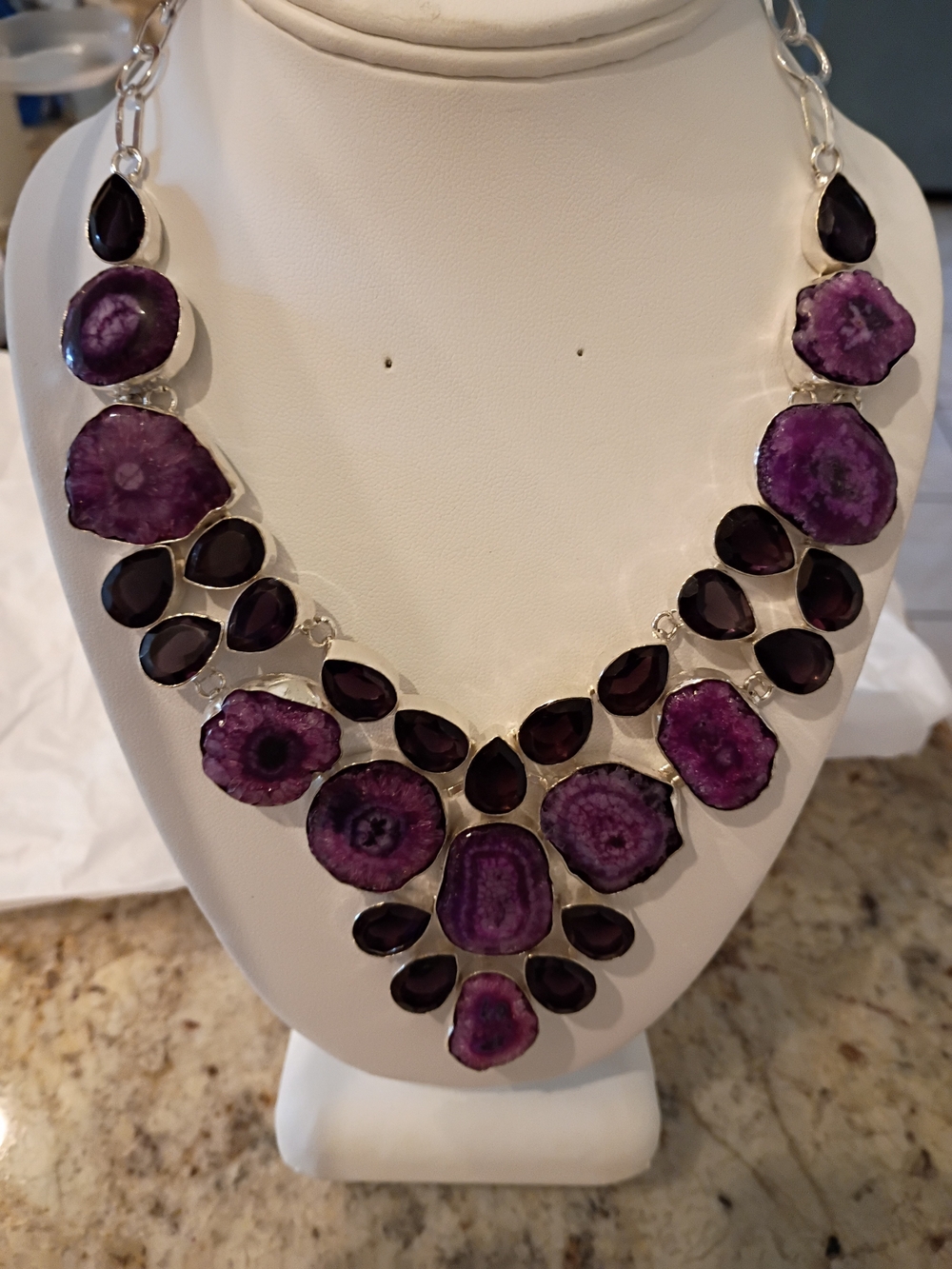 Purple Druzy Agate & Amethyst Stones Statement Necklace